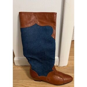 Womens Brown Denim Western Knee High Boots Vintage Sz 6 1.2